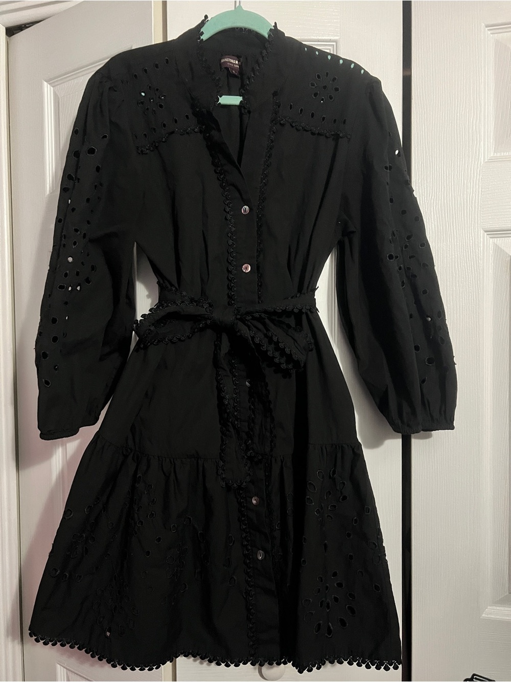 Johnston & Murphy Black Eyelet Midi Dress with Tie Waist